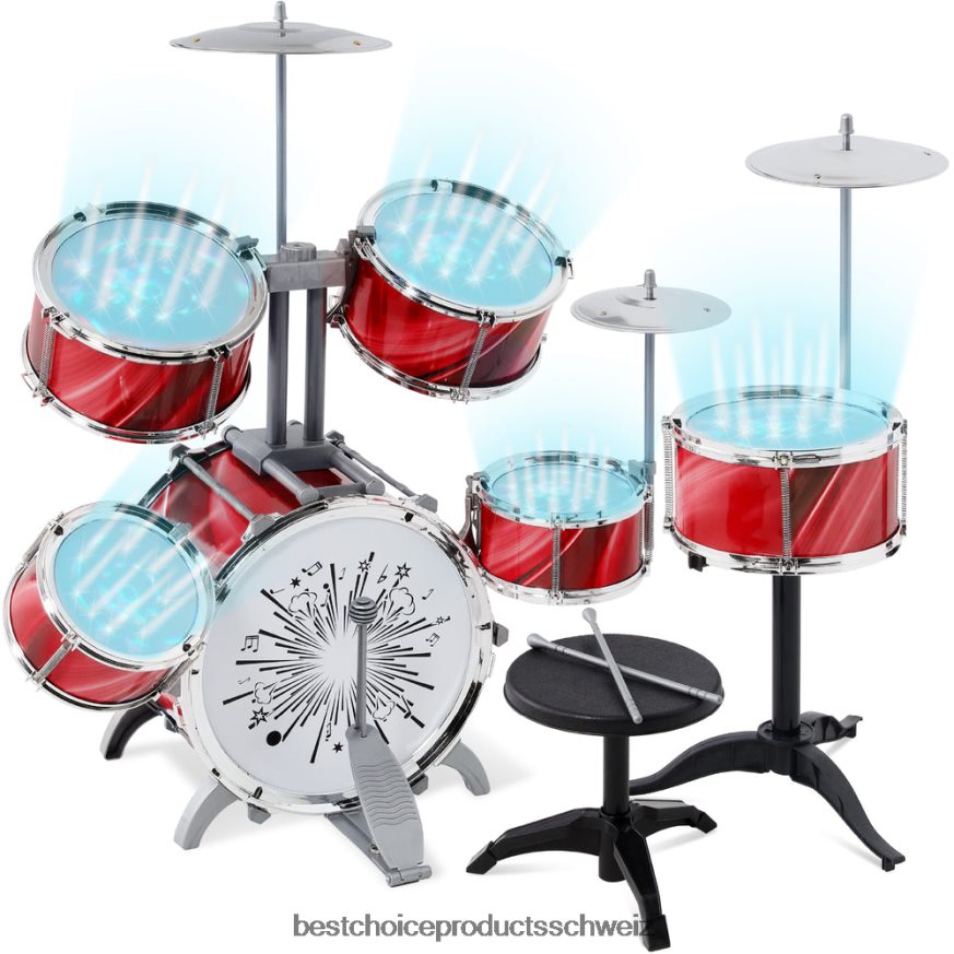 Best Choice Products 18-teiliges Einsteiger-Schlagzeugset für Kinder, Musikinstrumenten-Spielzeugset mit LED-Leuchten Rot 2JD022564