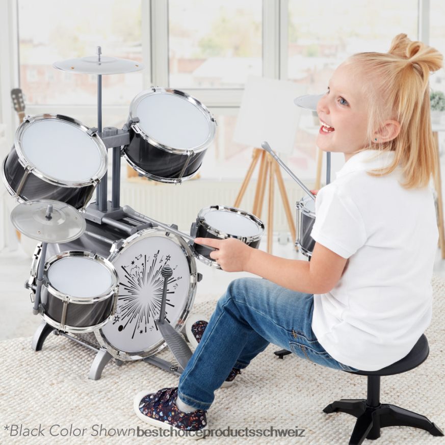 Best Choice Products 18-teiliges Einsteiger-Schlagzeugset für Kinder, Musikinstrumenten-Spielzeugset mit LED-Leuchten Rot 2JD022564