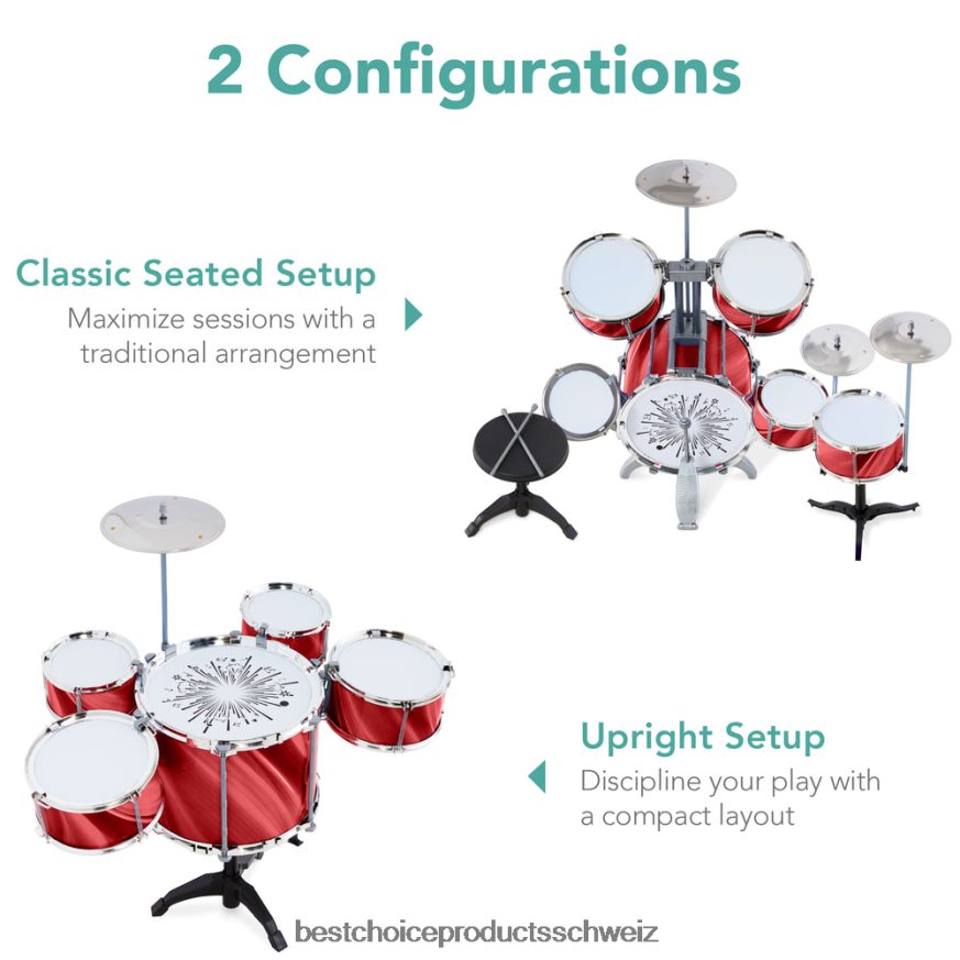 Best Choice Products 18-teiliges Einsteiger-Schlagzeugset für Kinder, Musikinstrumenten-Spielzeugset mit LED-Leuchten Rot 2JD022564