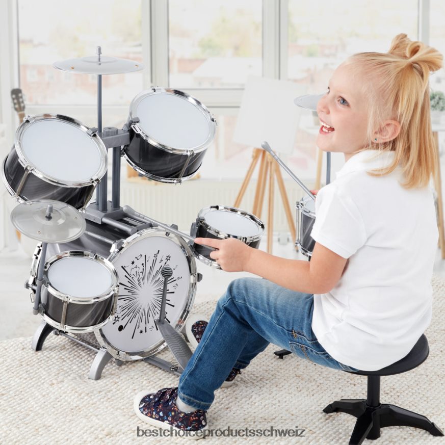 Best Choice Products 18-teiliges Einsteiger-Schlagzeugset für Kinder, Musikinstrumenten-Spielzeugset mit LED-Leuchten Schwarz 2JD022563