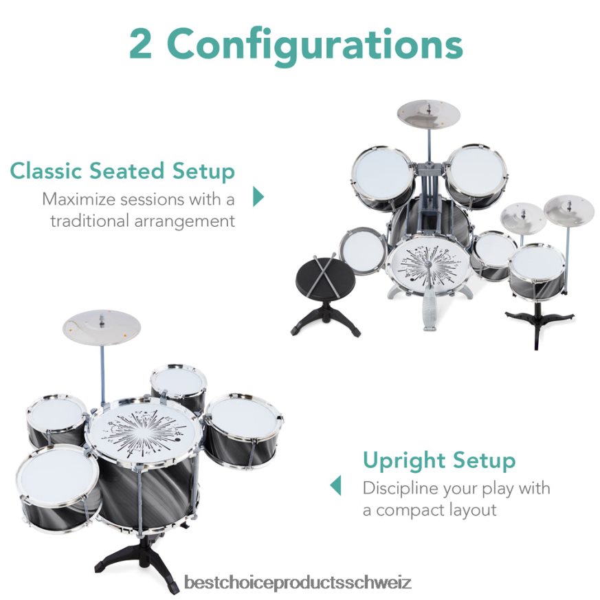Best Choice Products 18-teiliges Einsteiger-Schlagzeugset für Kinder, Musikinstrumenten-Spielzeugset mit LED-Leuchten Schwarz 2JD022563