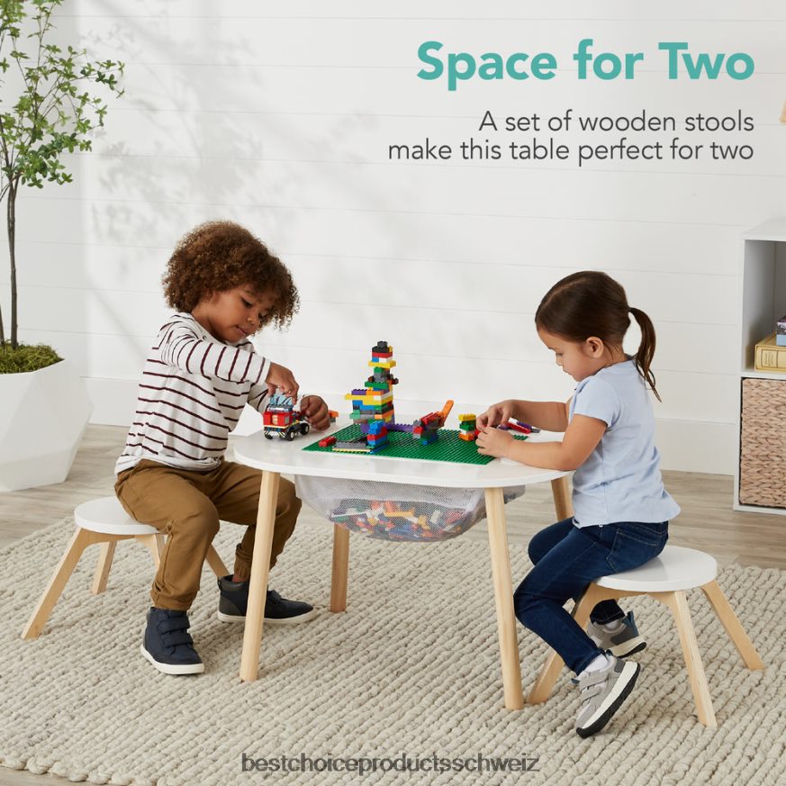 Best Choice Products 2-in-1-Bausteintisch für Kinder mit 2 Hockern und Staufach Weiß 2JD0221014