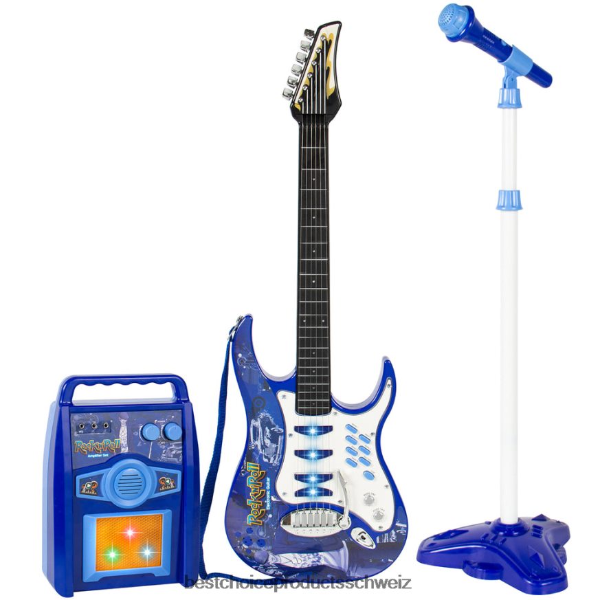 Best Choice Products E-Gitarre-Spielzeug-Spielset für Kinder mit 6 Liedern, Mikrofon, Verstärker Blau 2JD022281