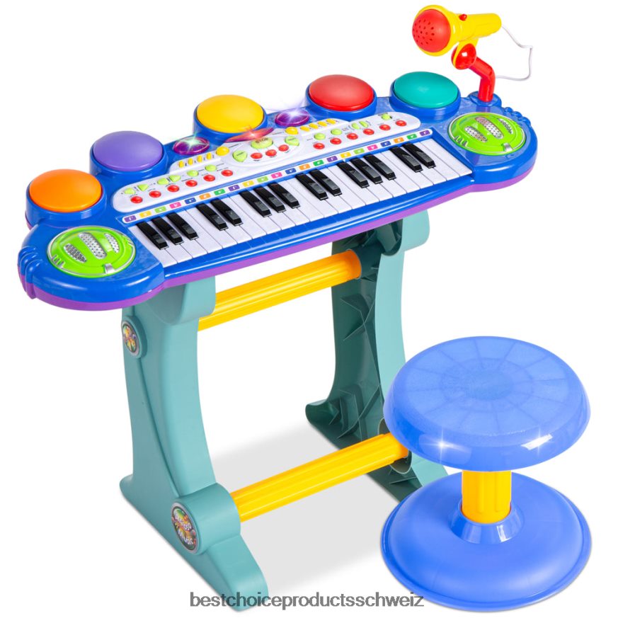 Best Choice Products Elektrisches Kinder-Keyboard mit 37 Tasten, Mikrofon und Hocker Blau 2JD022511