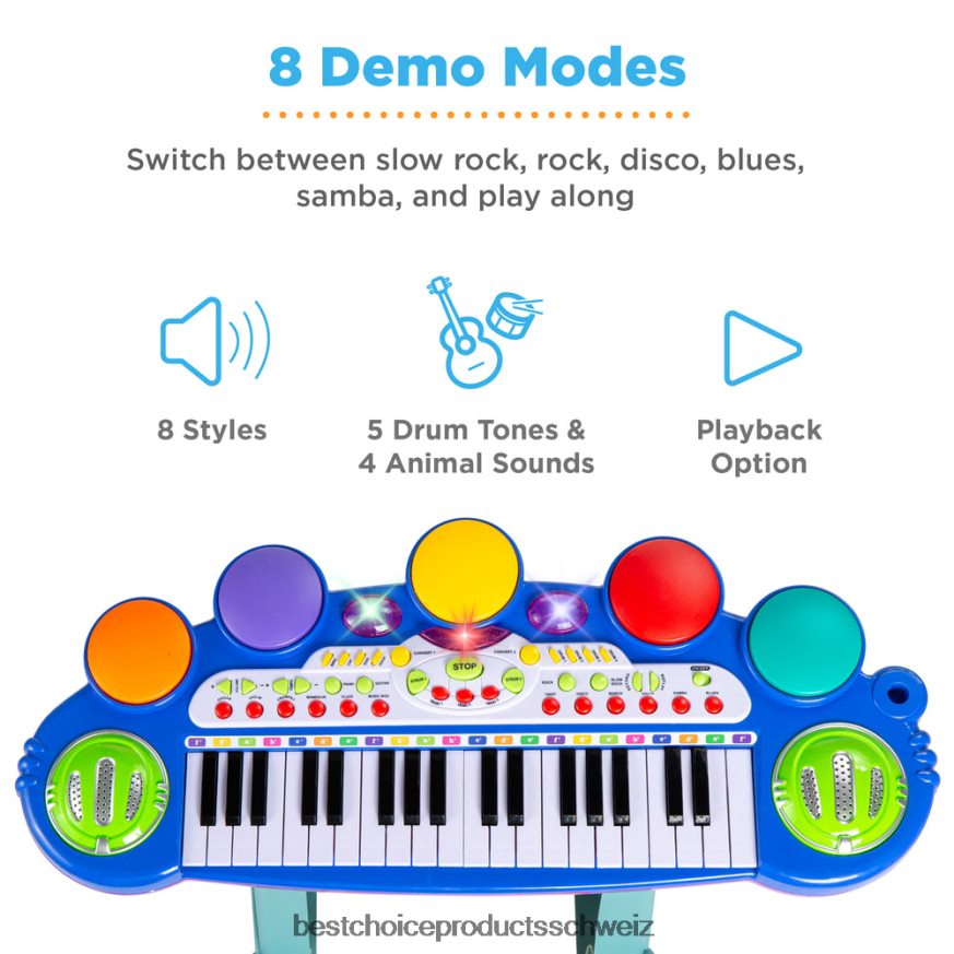 Best Choice Products Elektrisches Kinder-Keyboard mit 37 Tasten, Mikrofon und Hocker Blau 2JD022511