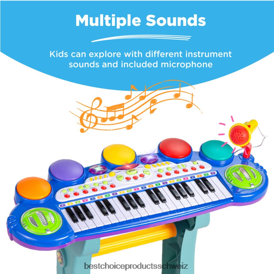 Best Choice Products Elektrisches Kinder-Keyboard mit 37 Tasten, Mikrofon und Hocker Blau 2JD022511