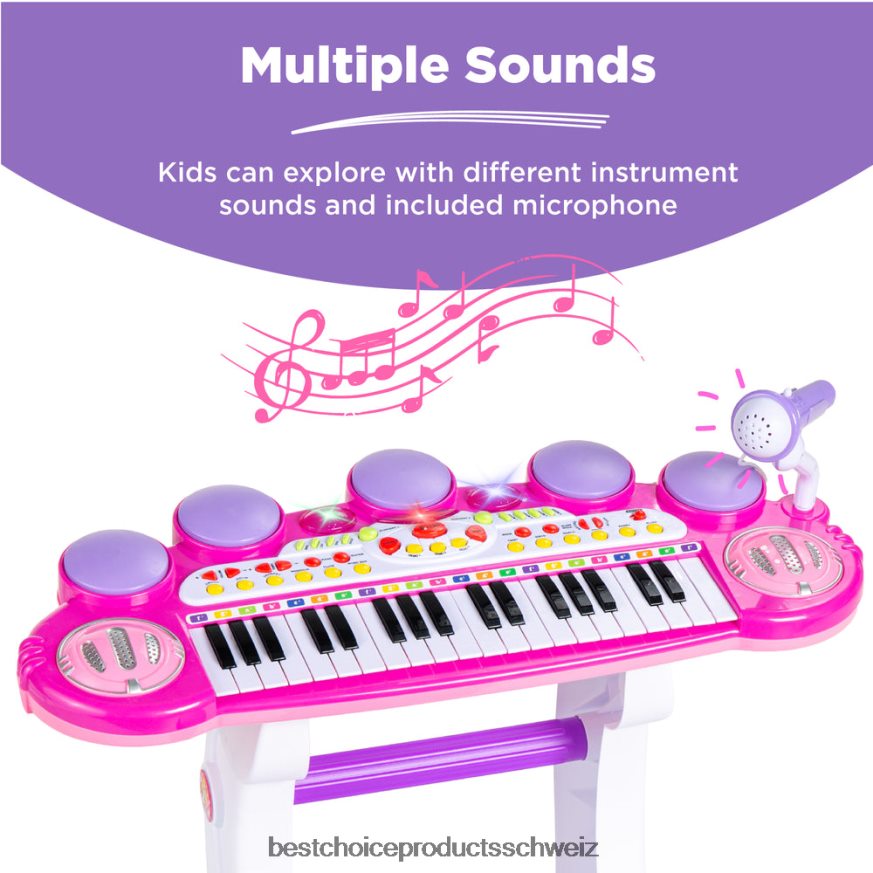 Best Choice Products Elektrisches Kinder-Keyboard mit 37 Tasten, Mikrofon und Hocker Rosa 2JD022510