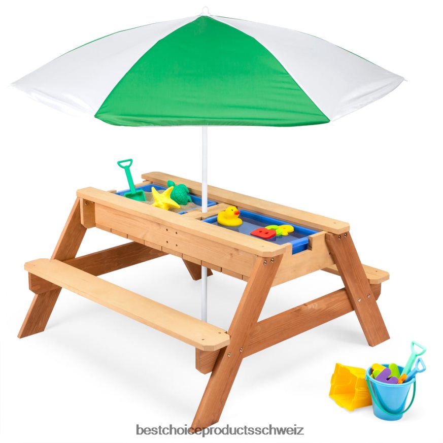 Best Choice Products 3-in-1-Sand- und Wassertisch für Kinder, Outdoor-Picknicktisch aus Holz mit Sonnenschirm Grün 2JD0221004