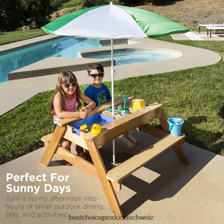 Best Choice Products 3-in-1-Sand- und Wassertisch für Kinder, Outdoor-Picknicktisch aus Holz mit Sonnenschirm Grün 2JD0221004