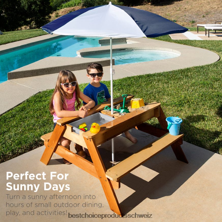 Best Choice Products 3-in-1-Sand- und Wassertisch für Kinder, Outdoor-Picknicktisch aus Holz mit Sonnenschirm Marine 2JD0221005