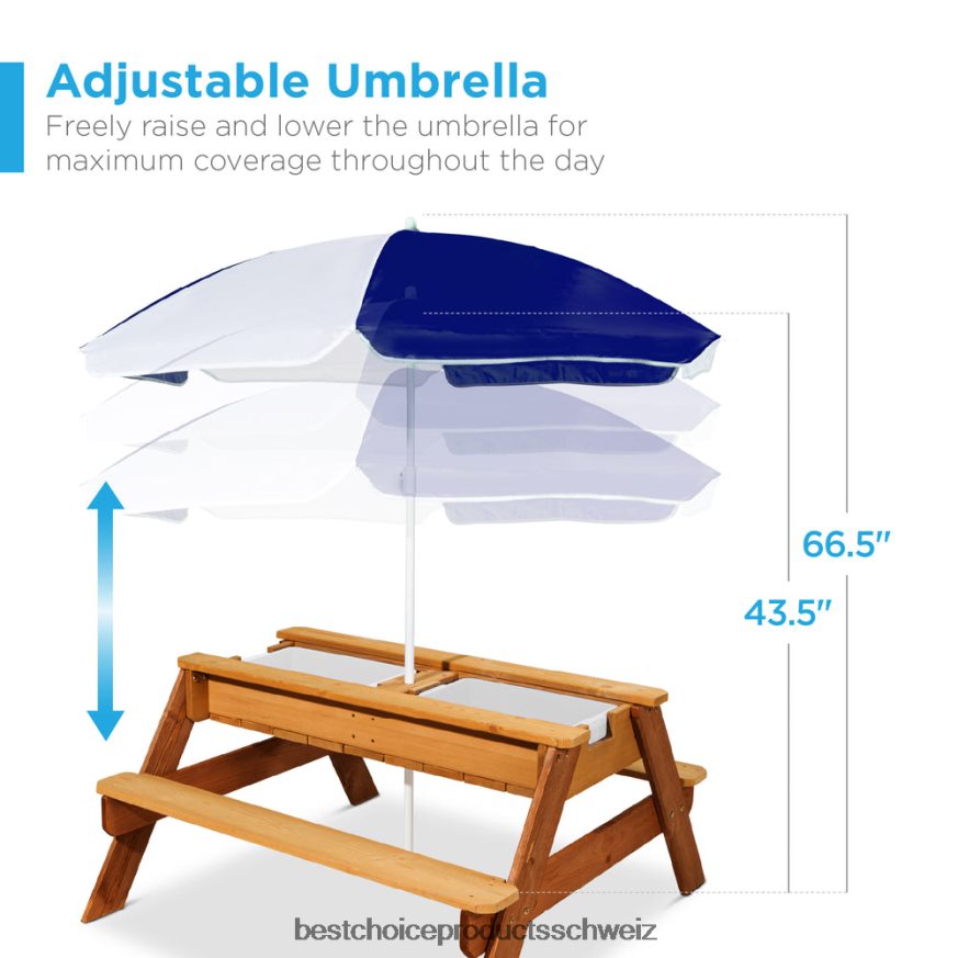 Best Choice Products 3-in-1-Sand- und Wassertisch für Kinder, Outdoor-Picknicktisch aus Holz mit Sonnenschirm Marine 2JD0221005