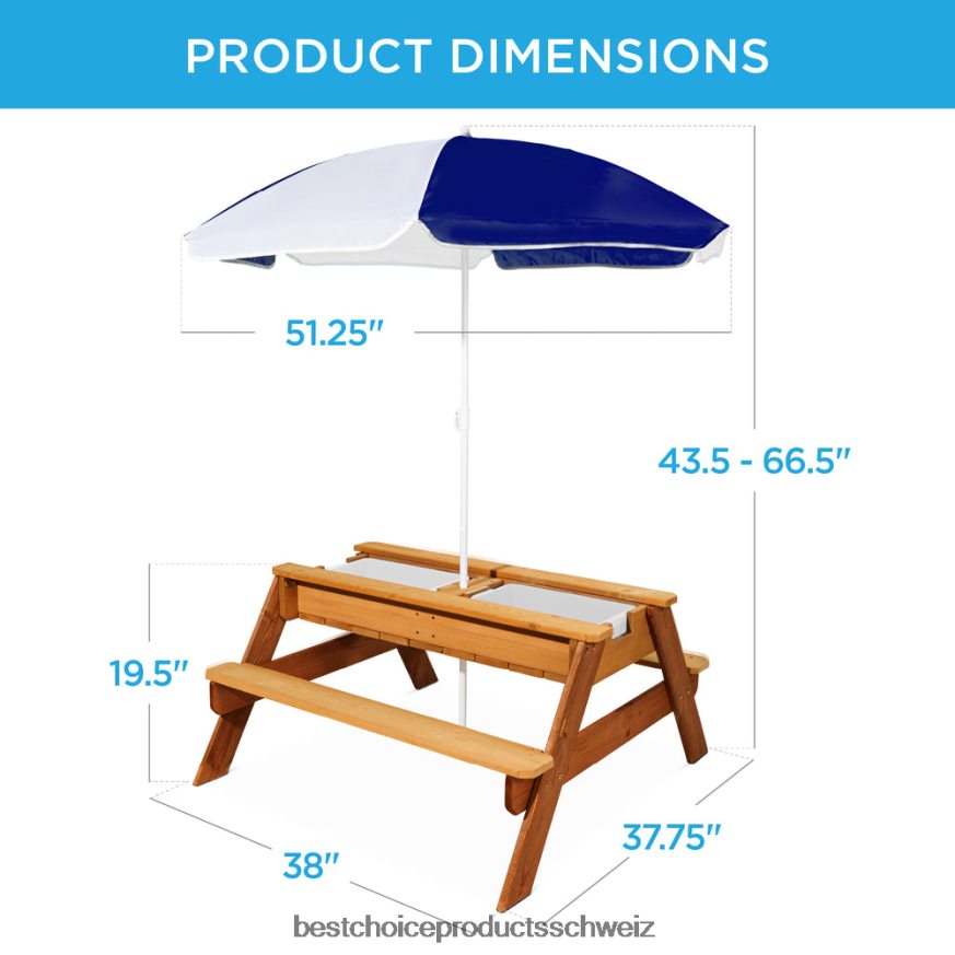 Best Choice Products 3-in-1-Sand- und Wassertisch für Kinder, Outdoor-Picknicktisch aus Holz mit Sonnenschirm Marine 2JD0221005