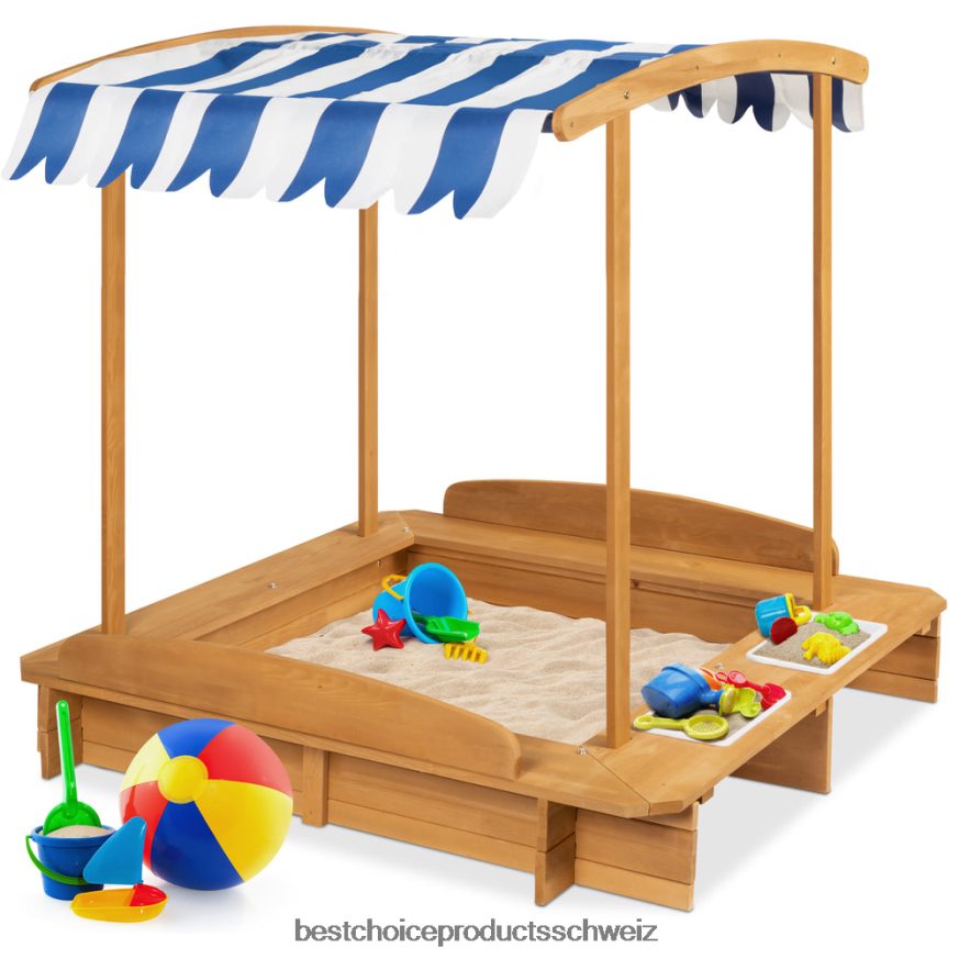 Best Choice Products Cabana-Sandkasten aus Holz für Kinder mit Bänken, Baldachin, Sandabdeckung und 2 Eimern natürlich 2JD0221030
