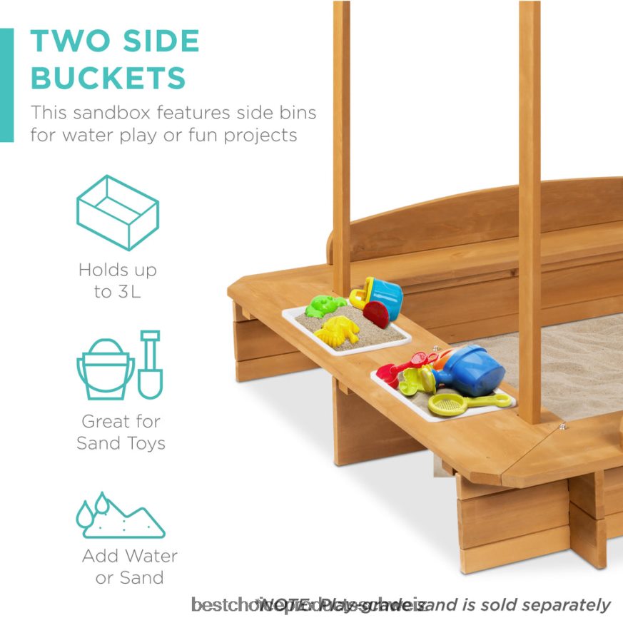 Best Choice Products Cabana-Sandkasten aus Holz für Kinder mit Bänken, Baldachin, Sandabdeckung und 2 Eimern natürlich 2JD0221030