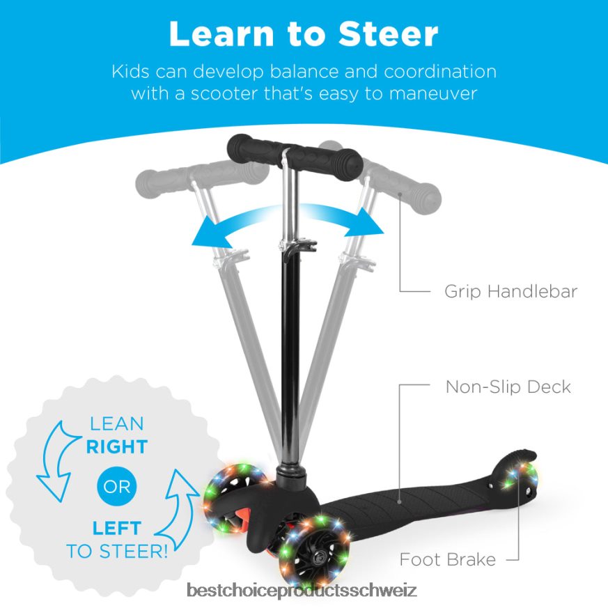 Best Choice Products Mini-Tretroller für Kinder mit bunten, leuchtenden Rädern und verstellbarer Schleppstange Schwarz 2JD022306