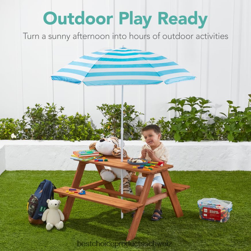 Best Choice Products Outdoor-Picknicktisch aus Holz für Kinder mit verstellbarem Sonnenschirm und integrierten Sitzen Aqua 2JD0221013