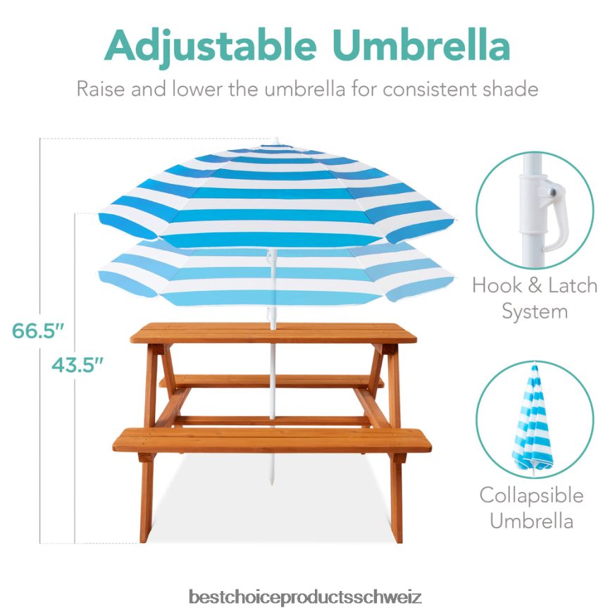 Best Choice Products Outdoor-Picknicktisch aus Holz für Kinder mit verstellbarem Sonnenschirm und integrierten Sitzen Aqua 2JD0221013