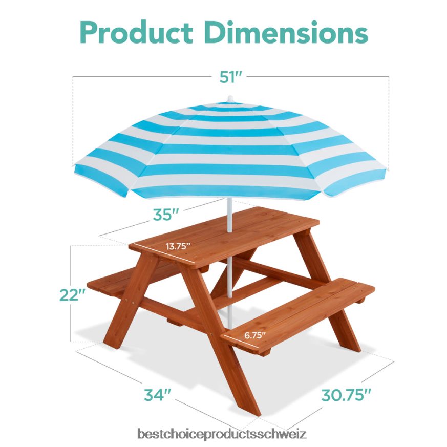 Best Choice Products Outdoor-Picknicktisch aus Holz für Kinder mit verstellbarem Sonnenschirm und integrierten Sitzen Aqua 2JD0221013