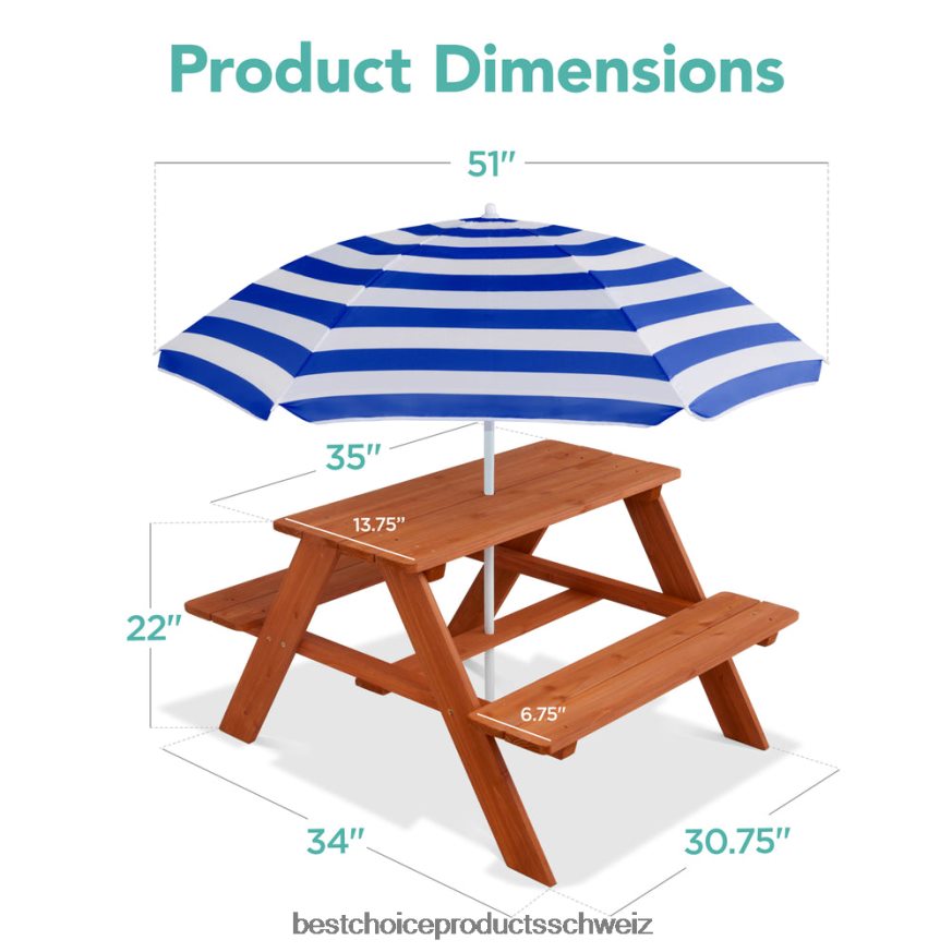Best Choice Products Outdoor-Picknicktisch aus Holz für Kinder mit verstellbarem Sonnenschirm und integrierten Sitzen Navy blau 2JD0221012
